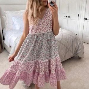 LoveShackFancy Pink and White Floral Midi Dress